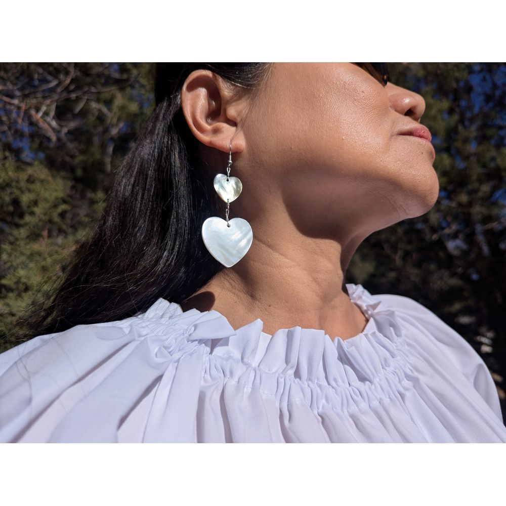 Santo Domingo Heart Mother of Pearl Sterling Silver Dangle Earrings** - Picture 4 of 9